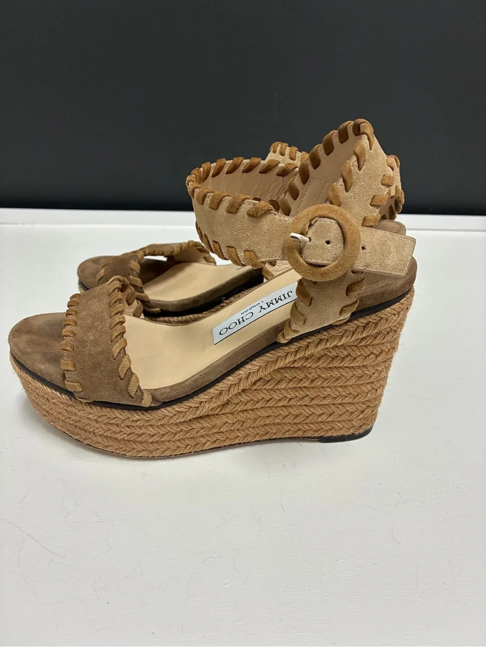 Jimmy Choo Tan Suede Wedge Sandals